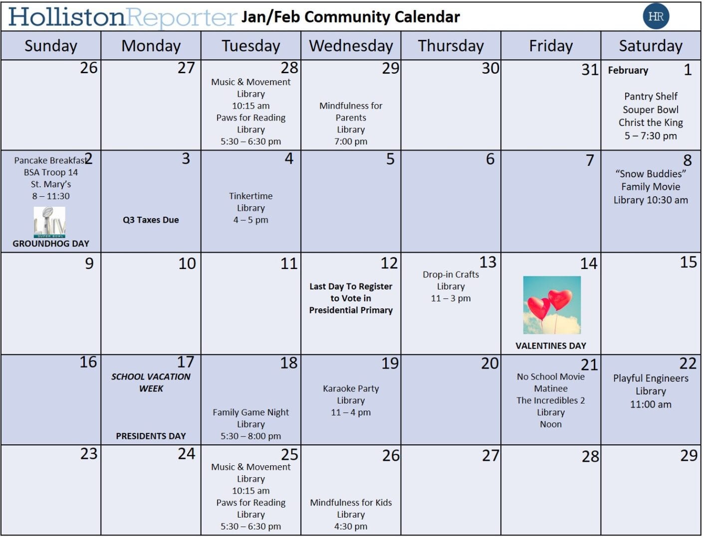 Holliston Community Calendar Jan / Feb 2020 Holliston Reporter